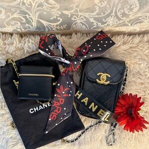 Black Quilted Phone Case And Smooth Black Lipstick Pouch w/Detachable Chain